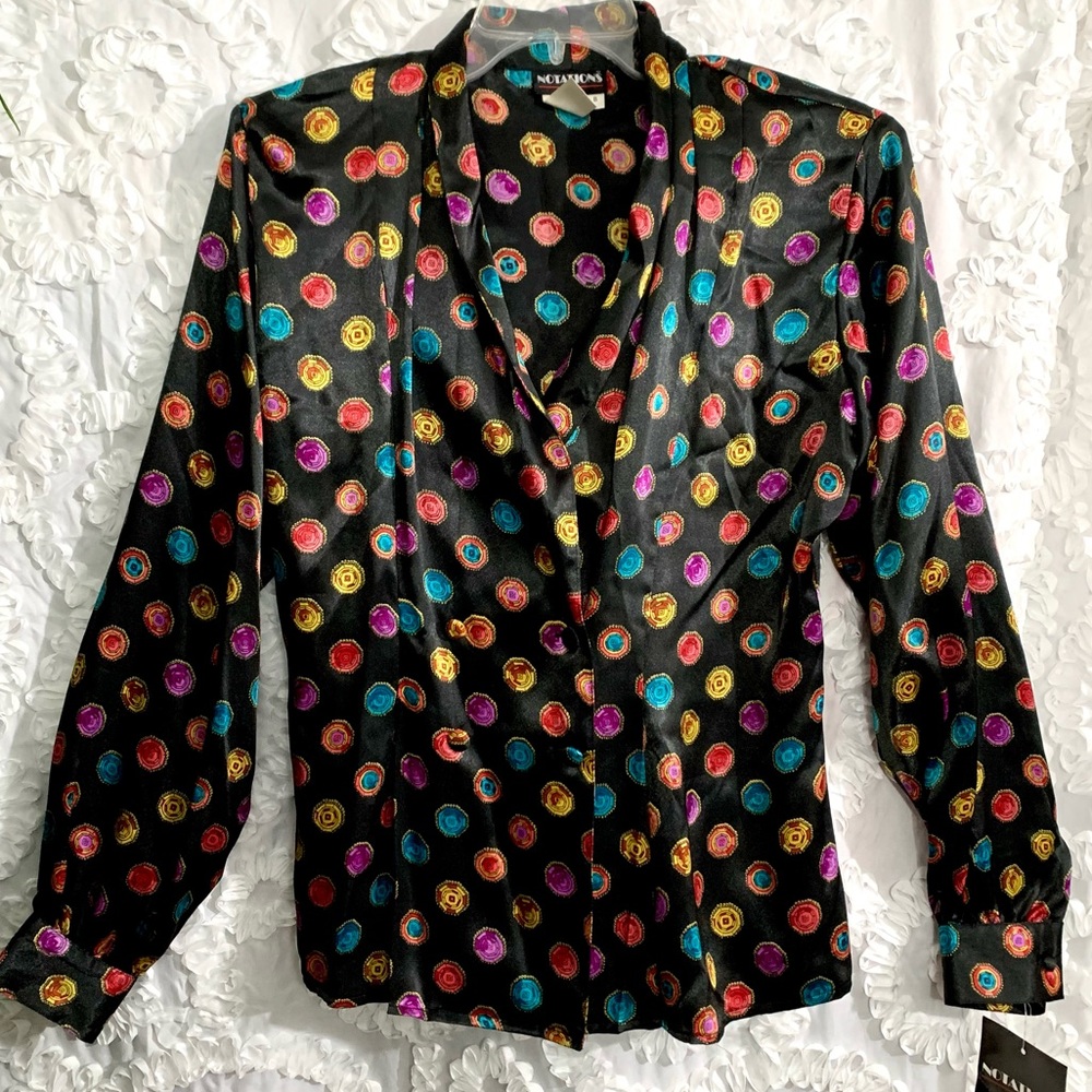 NWT Vintage “Notations” multi color gems on black print long sleeve blouse- 8 - Picture 12 of 12